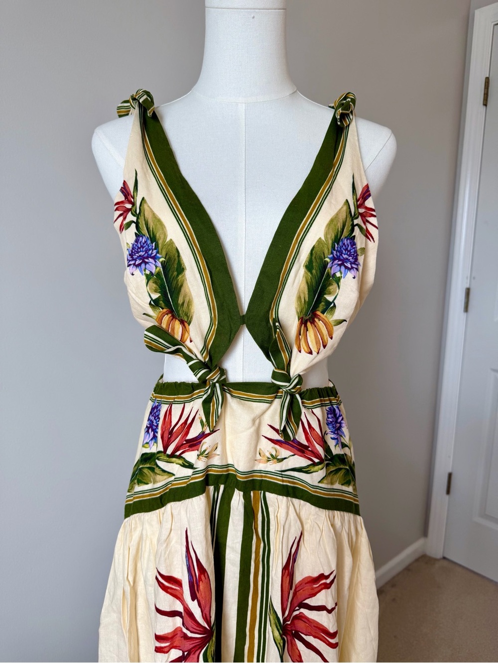 NWT FARM Rio Sand Tropical Scarf Cutout Linen Maxi Dress Sizes M/L - Picture 3 of 12